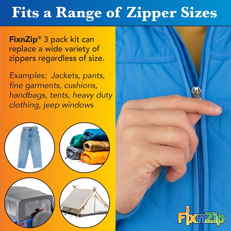 FixnZip طقم إصلاح سحاب FixNZip صغير ومتوسط وكبير باللون الأسود النيكل | بديل منزلق عالمي بدون خياطة لجميع احتياجات الملابس | أداة إصلاح سحاب فورية وقابلة لإعادة الاستخدام | الأحجام 1-10 - Image 3